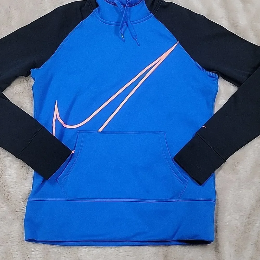NIKE THERMA-FIT ROYAL BLUE AND BLACK HOODIE, SIZE MEDIUM
